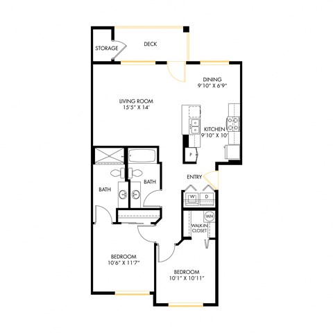 Floor plan for 2 beds, 2 baths, 968 sqft